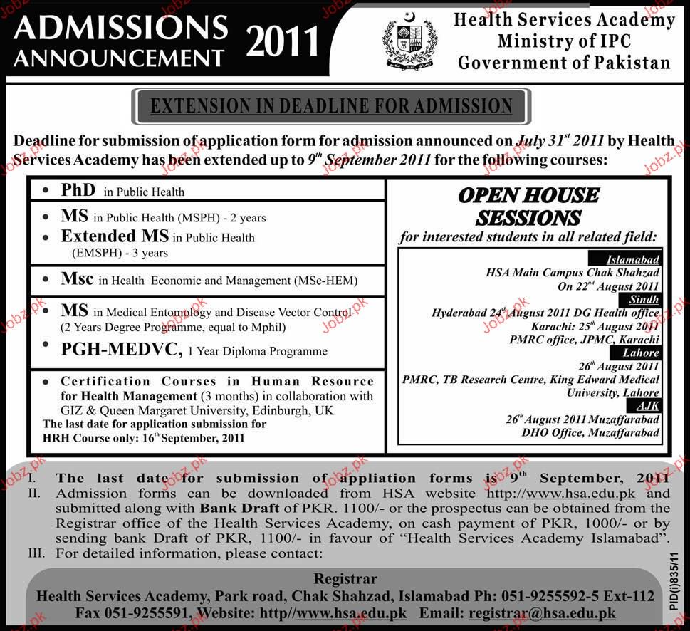 Admission Open in Health Services Academy 2024 Government admissions