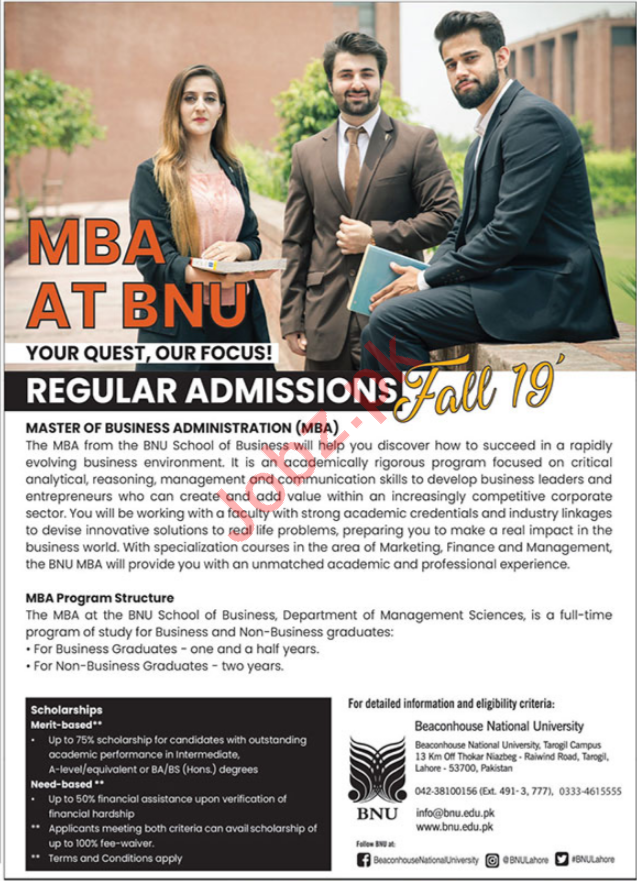 Beaconhouse National University Admissions In MBA 2024 Private