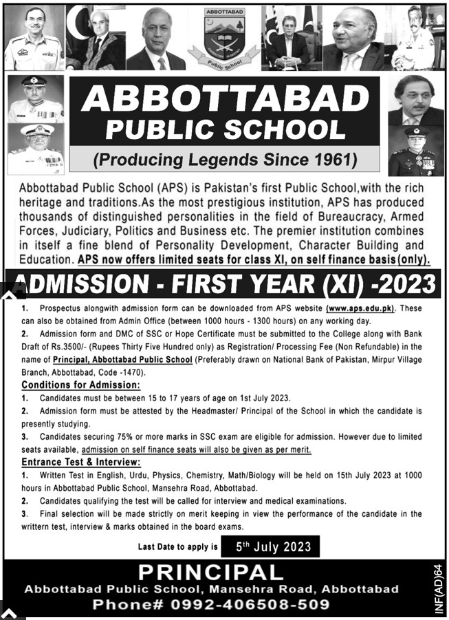 Abbottabad Public School Intermediate Part I Admissions 2023 2024