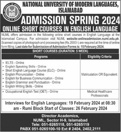 English Language Course admissions at NUML Islamabad 2025 Government