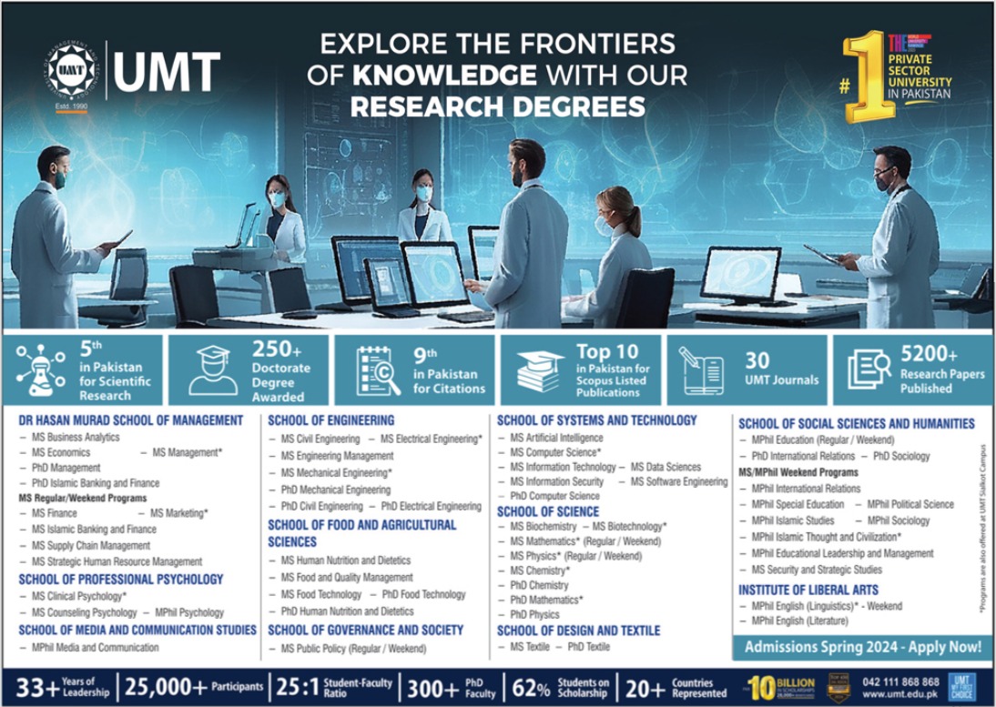 MS, MPhil and PhD admissions at University of Management and Technology