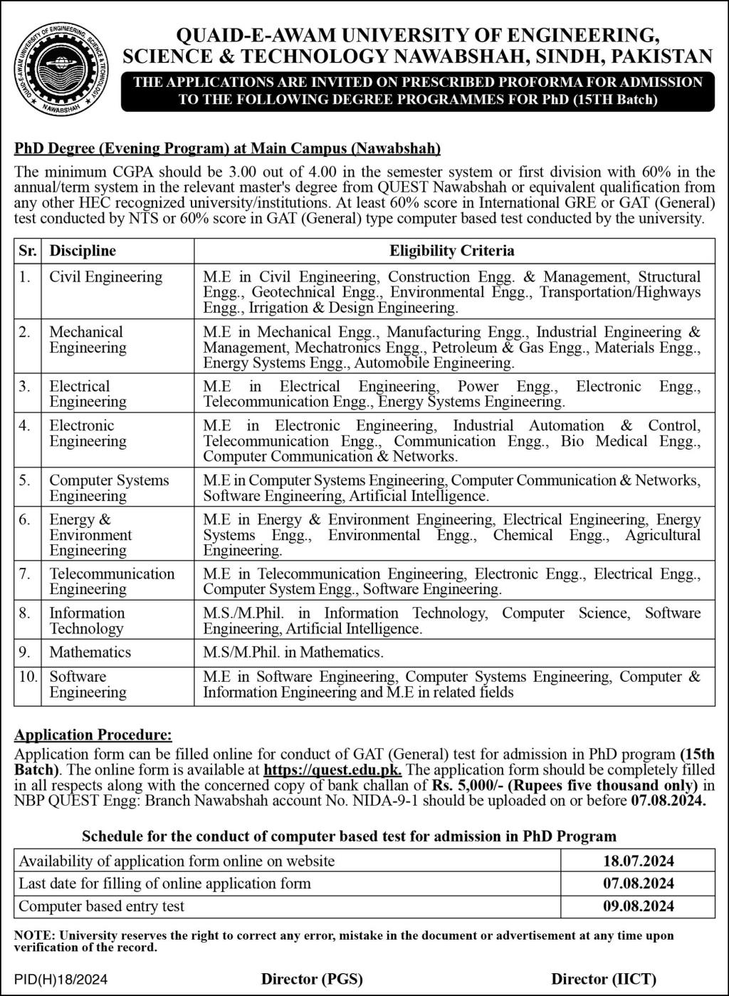 PhD Programs admissions at Quaid e Awam University of Engineering