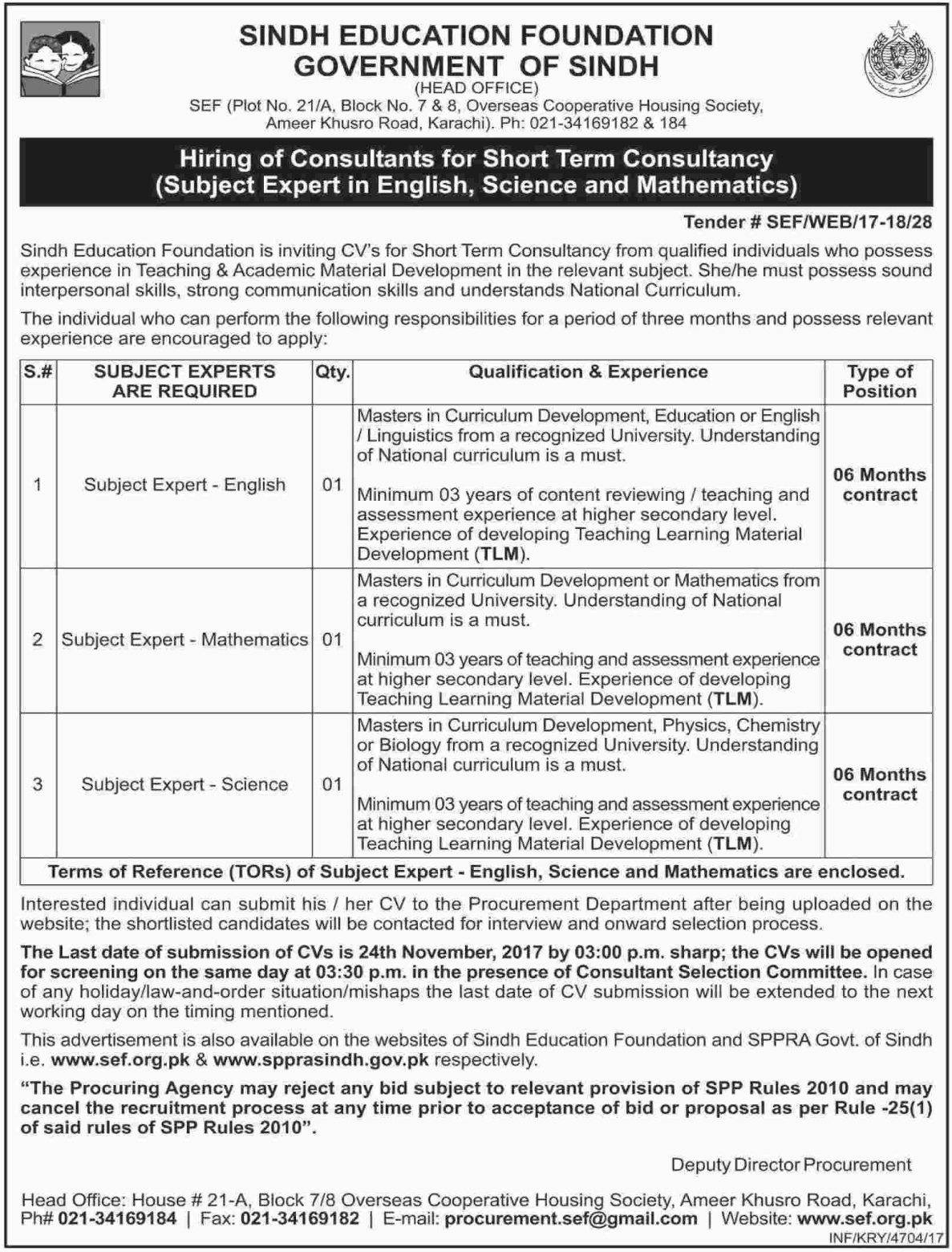 Sindh Education Foundation Hiring of Consultants 2024 Job Advertisement