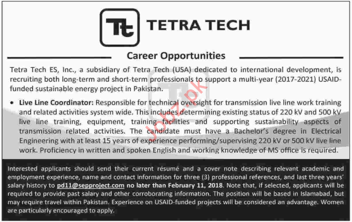 Live Line Coordinator Jobs in Tetra Tech Pvt Ltd 2023 Job Advertisement