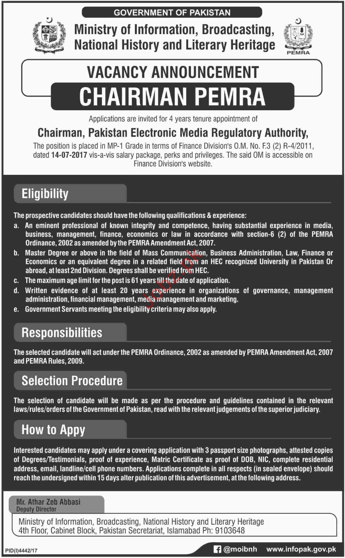 PEMRA Islamabad Jobs 2018 Chairman PEMRA 2024 Job Advertisement Pakistan