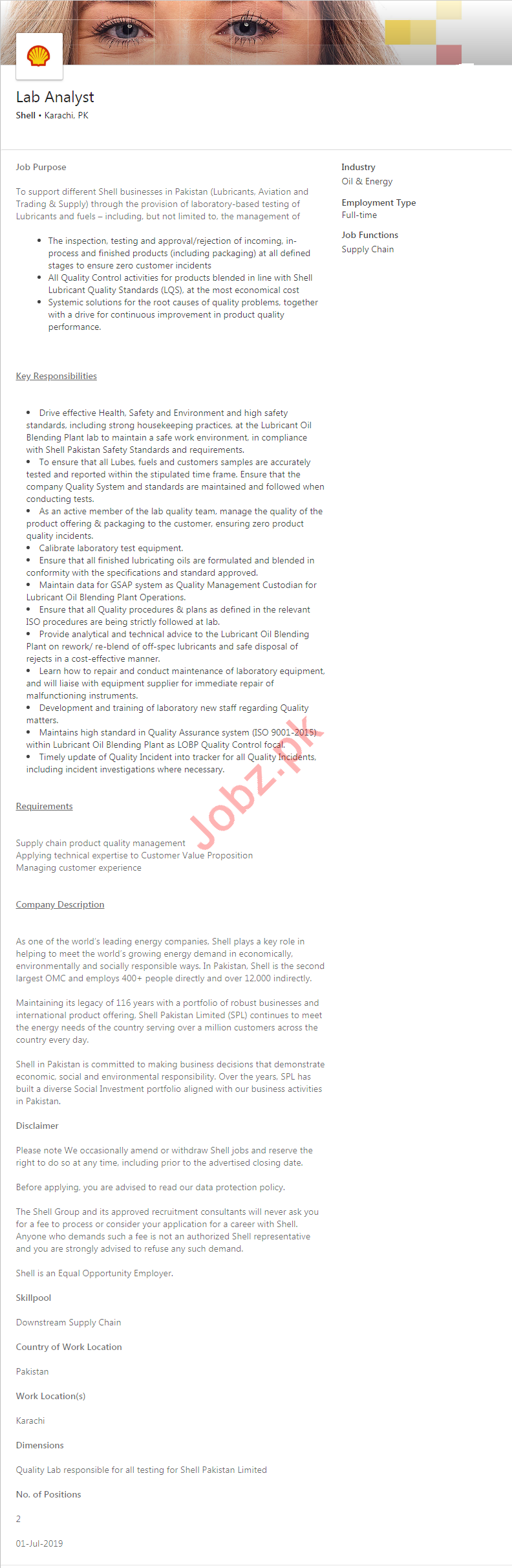 Shell Karachi Jobs 2019 for Lab Analyst 2022 Job Advertisement Pakistan
