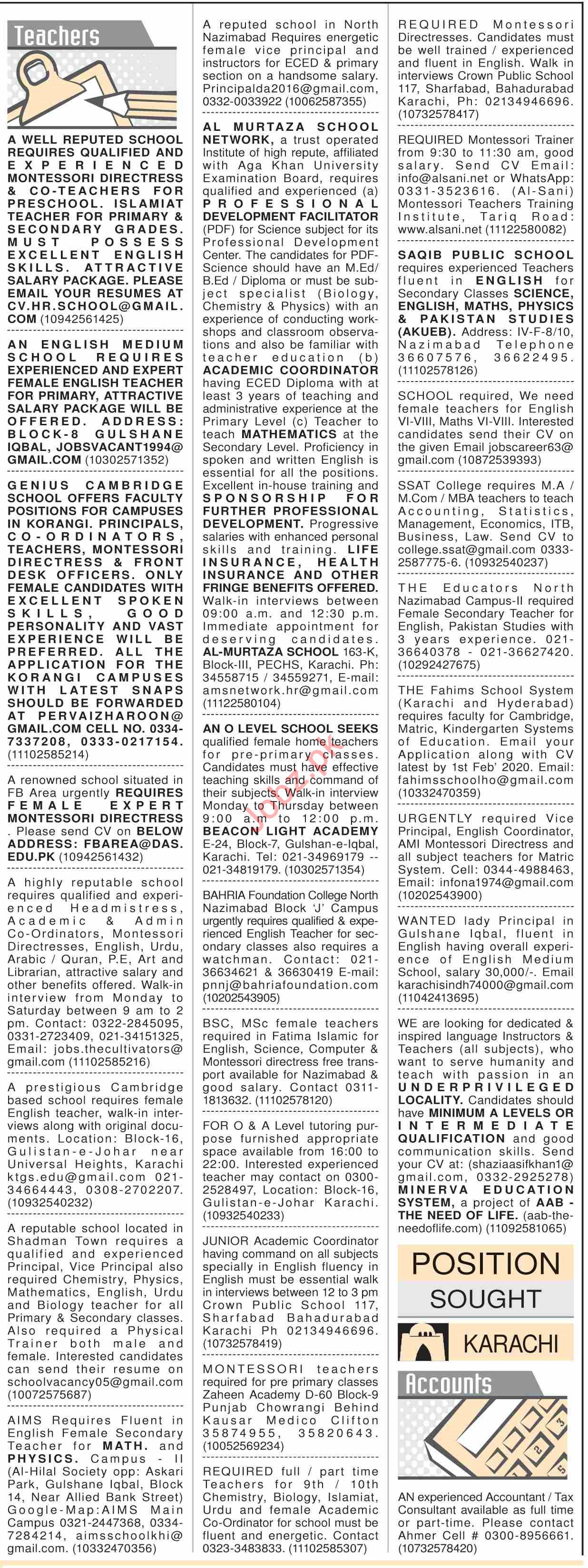 Dawn Sunday Classified Ads 26 Jan 2020 For Teaching Staff 2021 Job Advertisement Pakistan