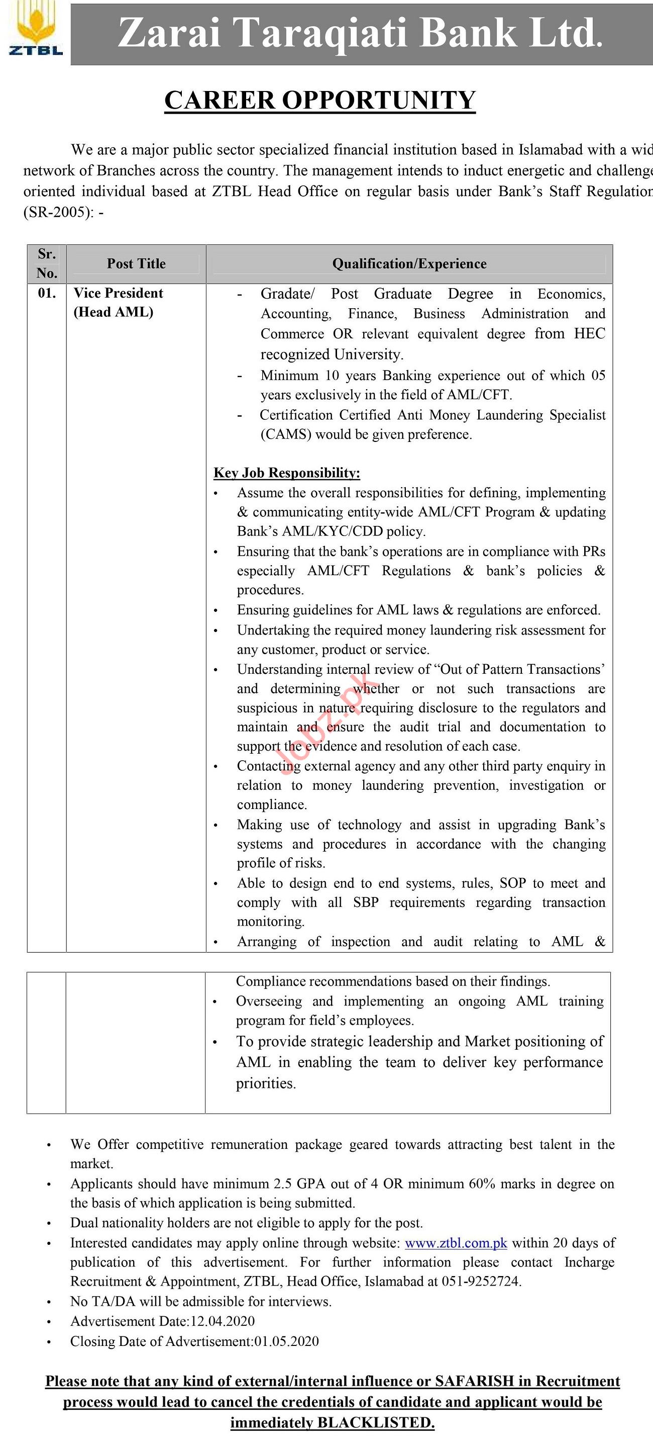 Vice President Jobs 2020 Zarai Tarakiati Bank Limited ZTBL 2022 Job