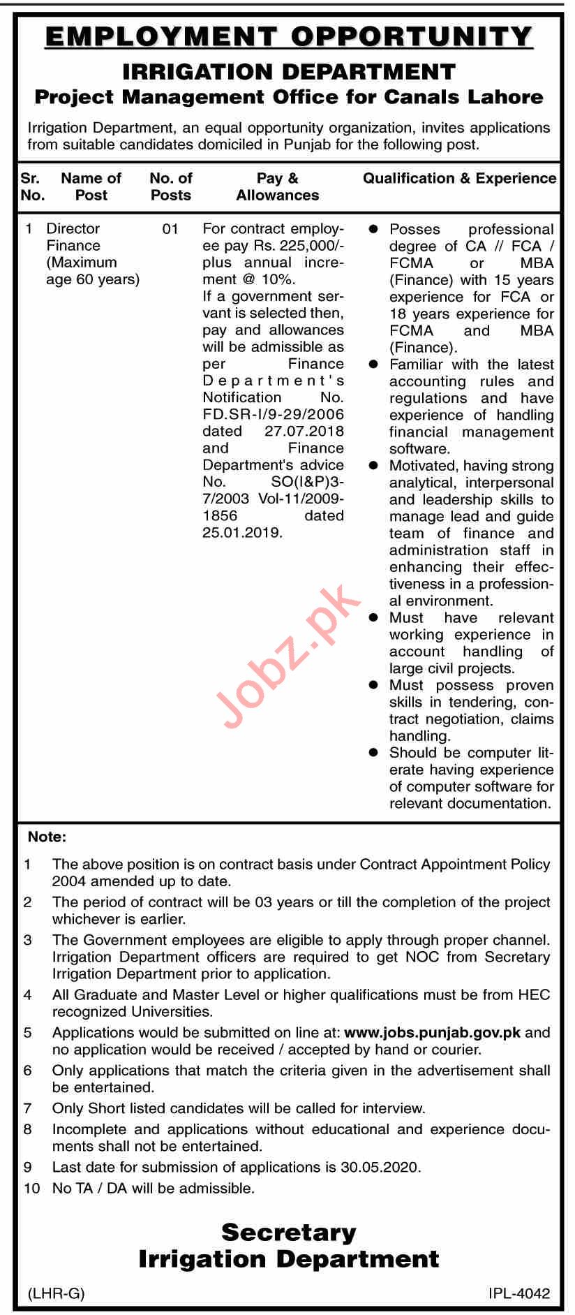 Irrigation Department PMO Office for Canals Lahore Jobs 2020 2024 Job