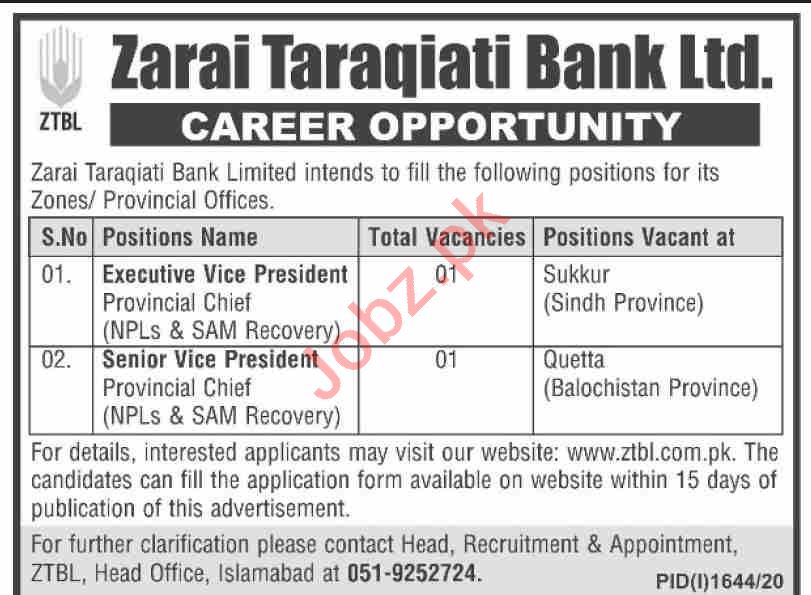 ZTBL Jobs 2020 for Executive Vice President 2022 Job Advertisement Pakistan