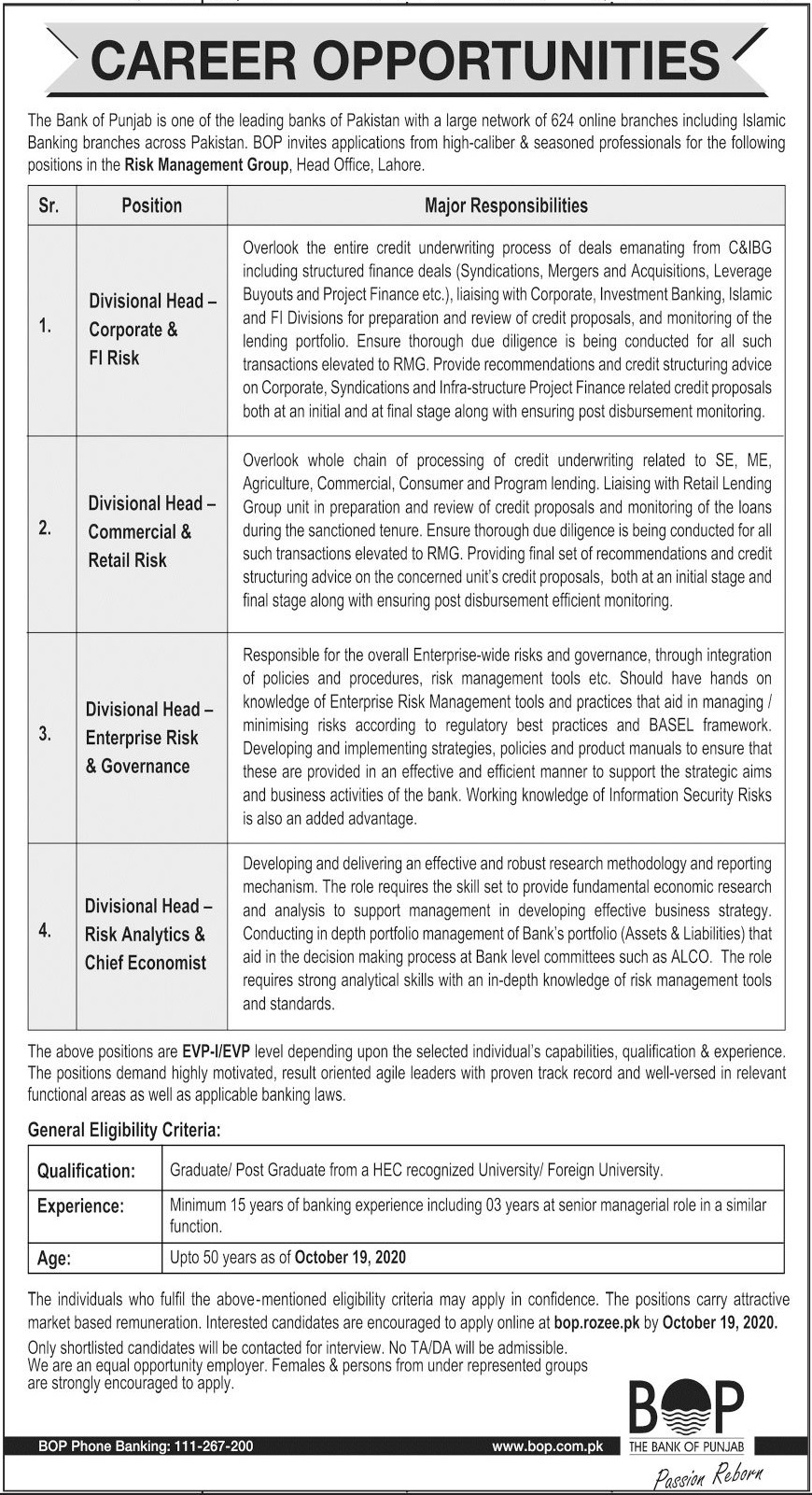 The Bank of Punjab Lahore Jobs 2020 2024 Job Advertisement Pakistan