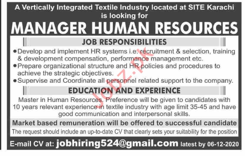 Manager Human Resource Jobs 2020 in Textile Industry 2021 Job