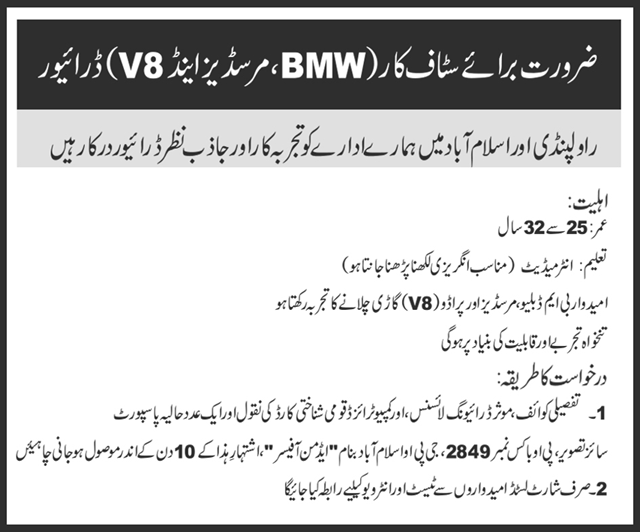 Staff Car Driver Jobs 2021 in Islamabad 2023 Job Advertisement Pakistan