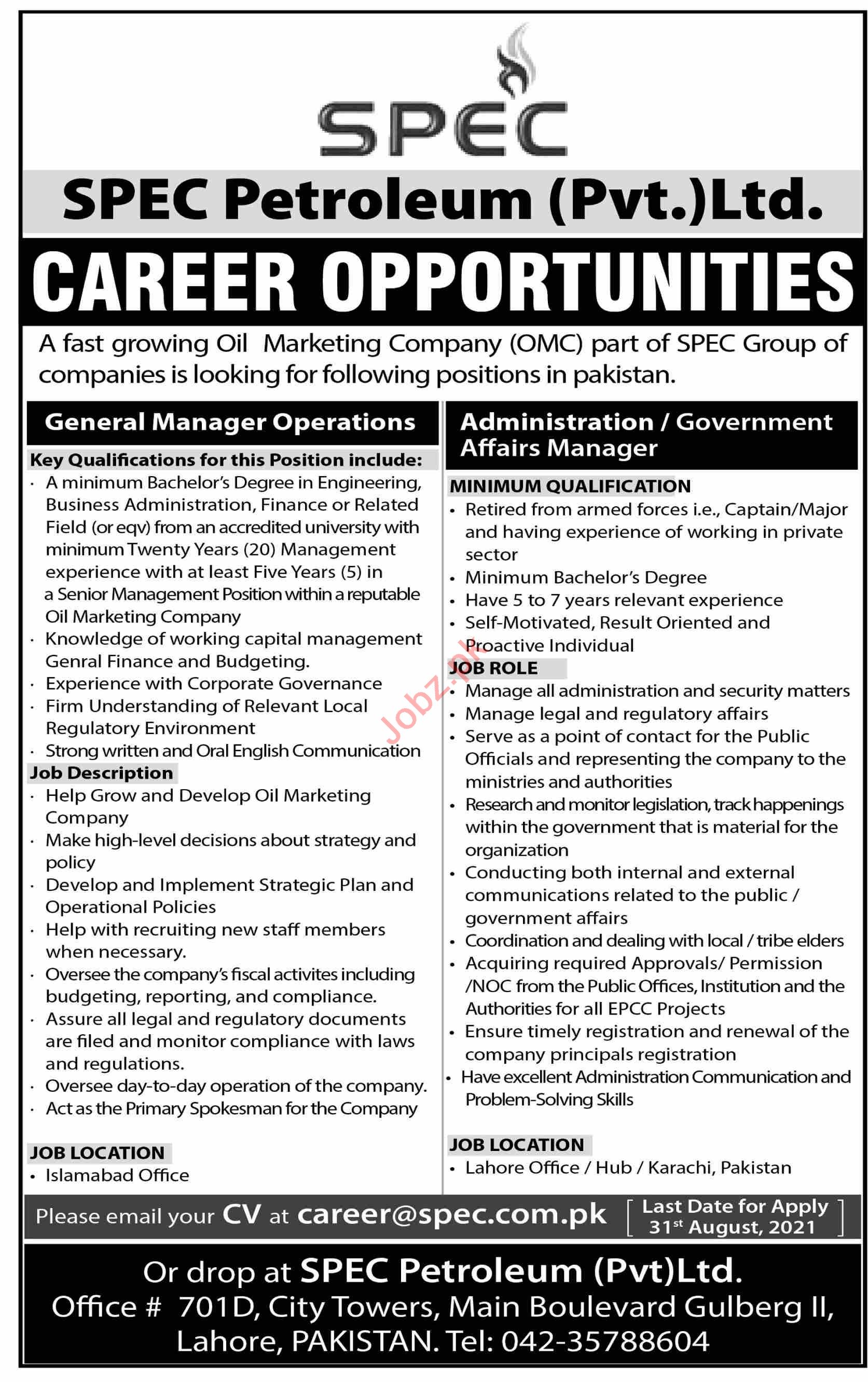 SPEC Petroleum Lahore Jobs 2021 for General Manager 2024 Job