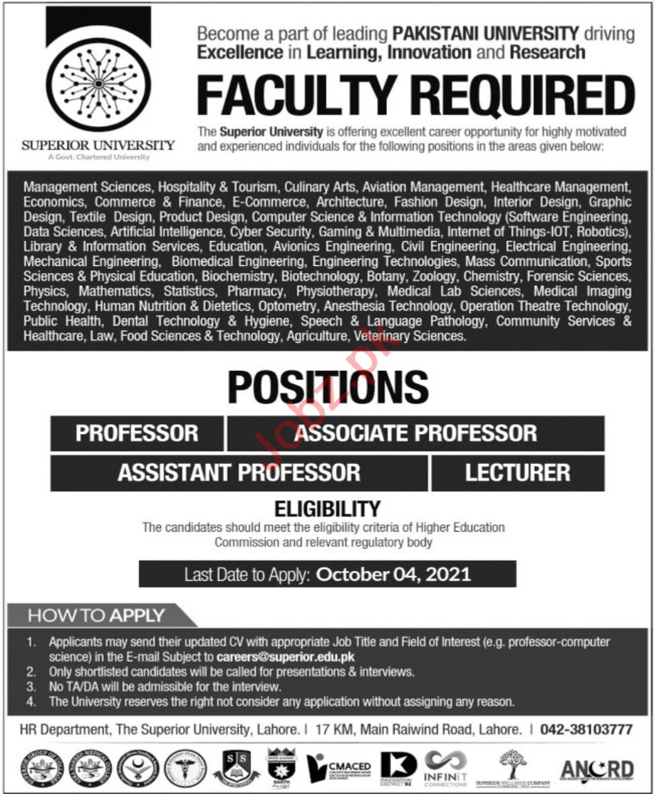 Superior University Jobs 2021 in Lahore 2024 Job Advertisement Pakistan