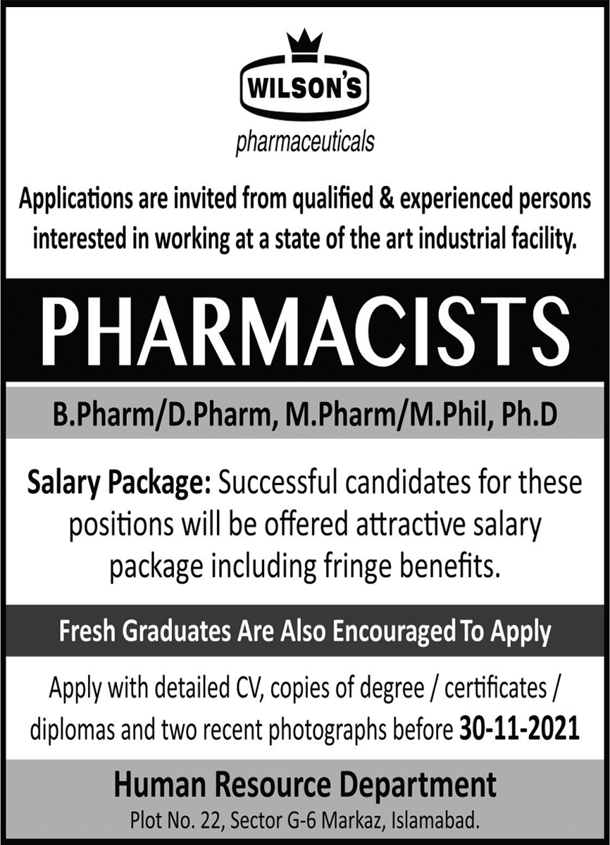 Wilson Pharmaceuticals Islamabad Jobs 2021 2024 Job Advertisement Pakistan