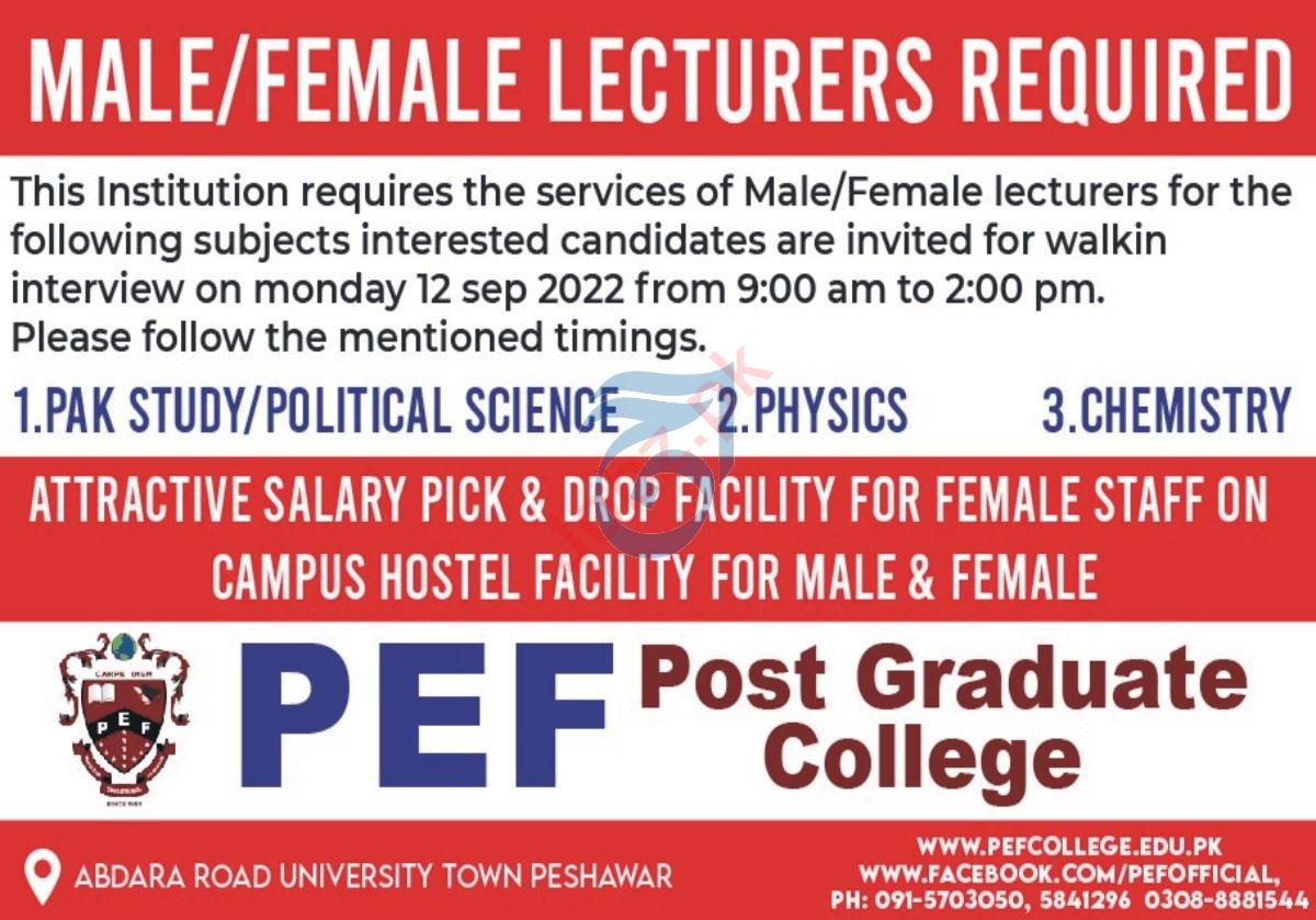 Lecturer Jobs in PEF Postgraduate College 2024 Job Advertisement Pakistan