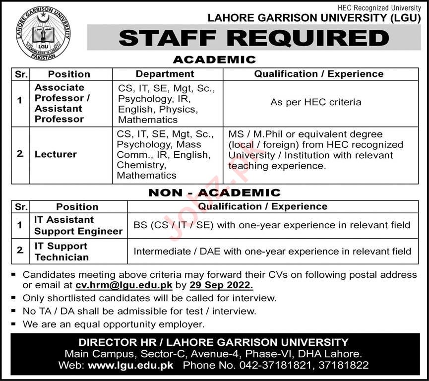 Lahore Garrison University LGU Jobs 2022 2024 Job Advertisement Pakistan