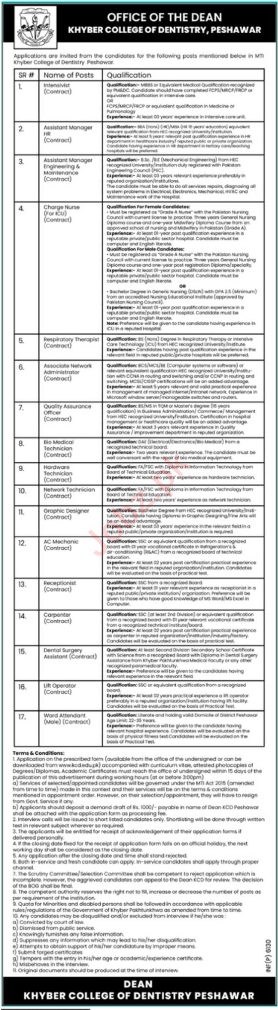 Khyber College of Dentistry Peshawar Job 2022 2024 Job Advertisement
