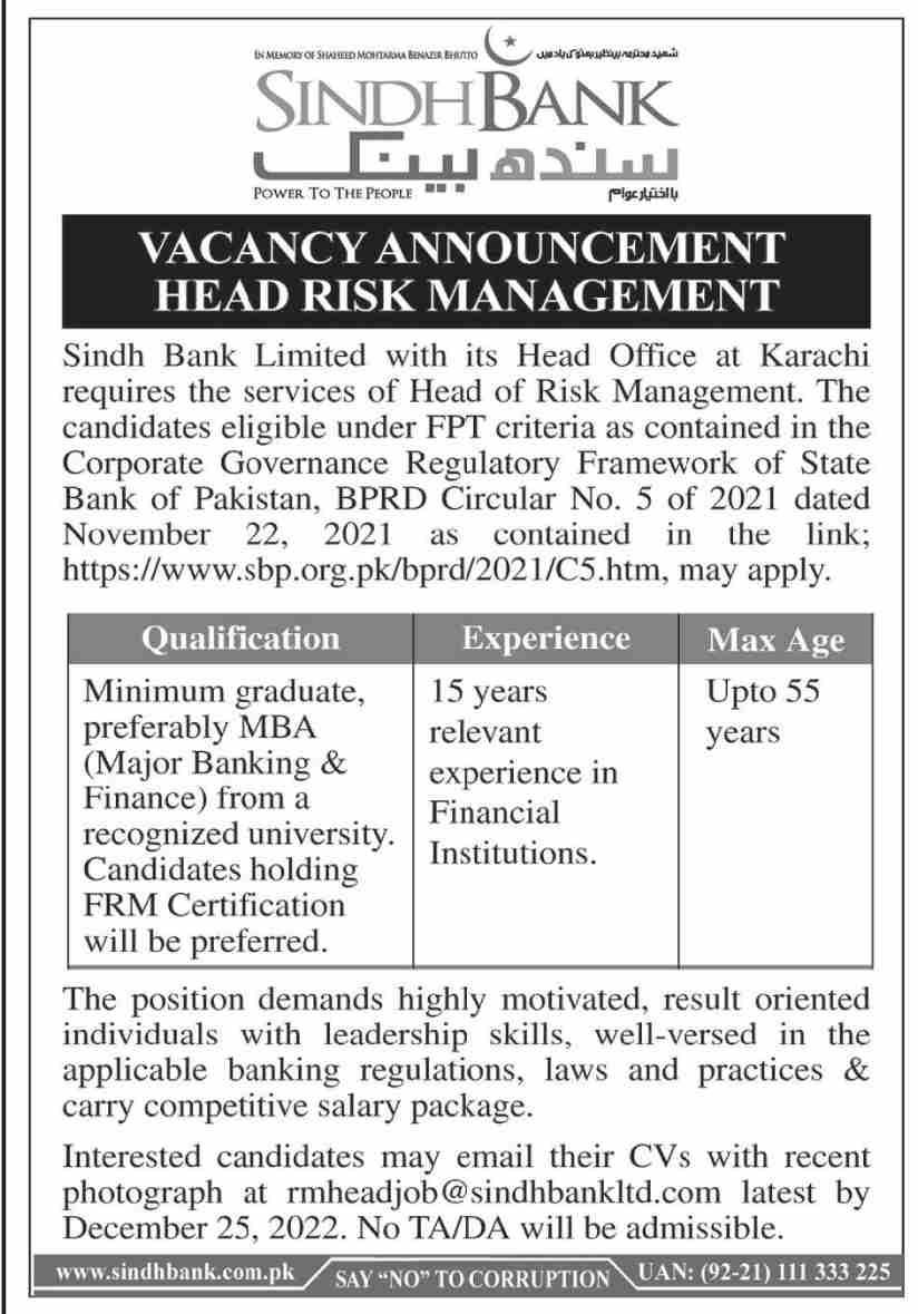 Sindh Bank Limited Karachi Job 2022 2024 Job Advertisement Pakistan