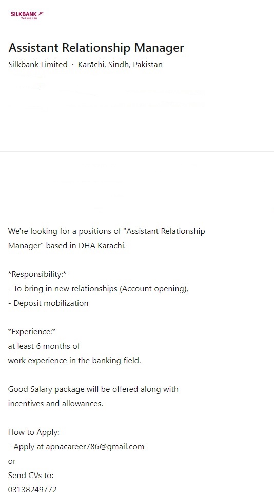 Assistant Relationship Manager job at Silk Bank Limited 2024 Job