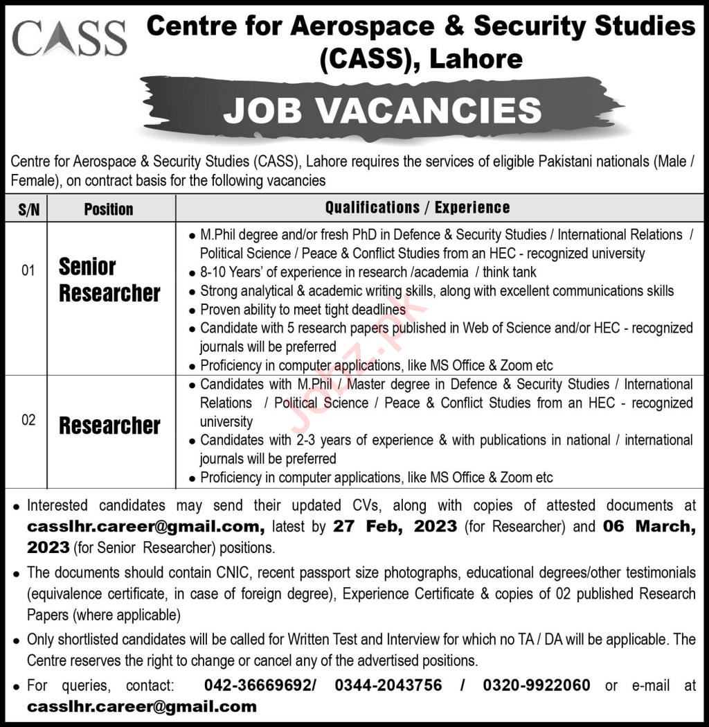 Centre for Aerospace & Security Studies CASS Jobs 2023 2024 Job