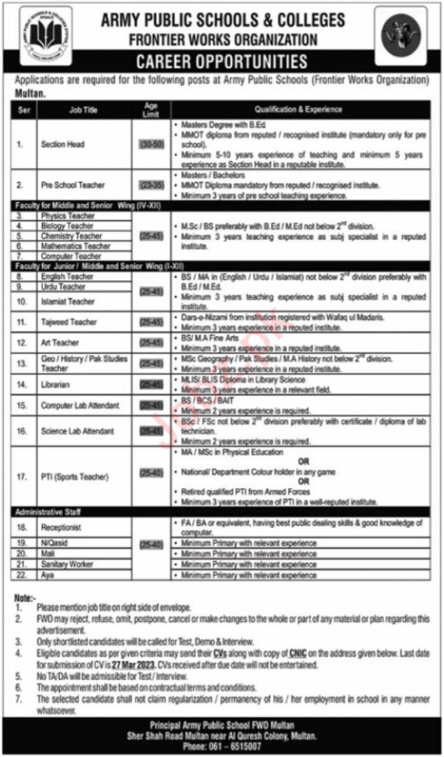 Army Public School & College APS&C Multan Jobs 2023 2025 Job Advertisement Pakistan