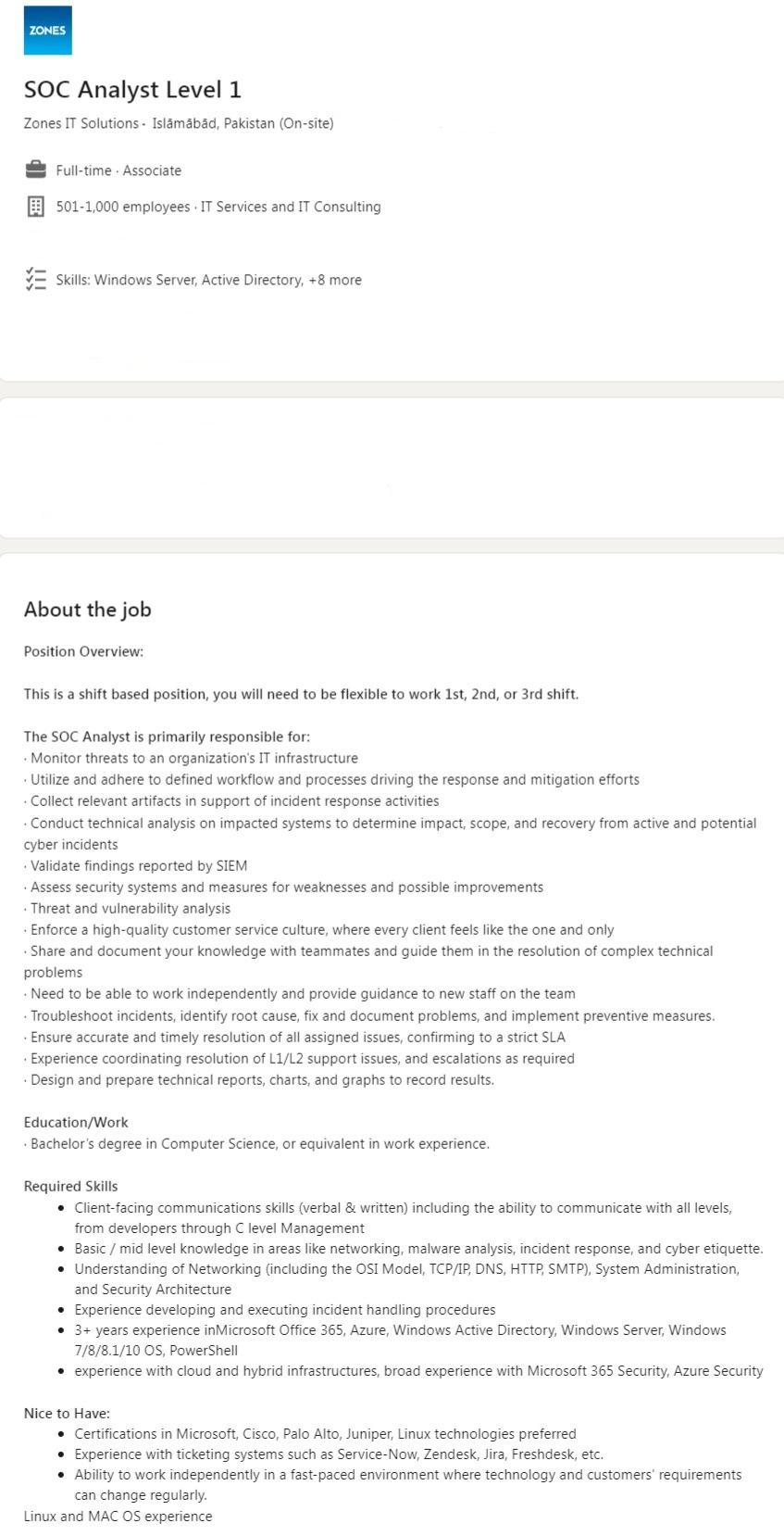 SOC Analyst job at Zones IT Solutions Pvt Ltd 2025 Job Advertisement