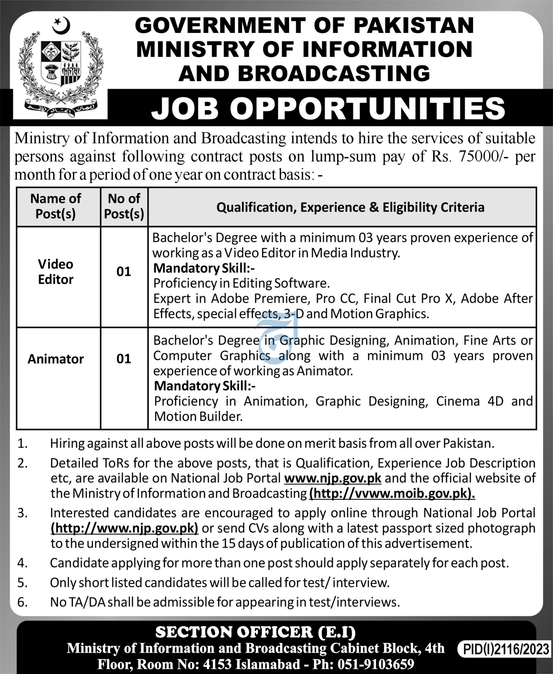 Job Openings at Ministry of Information and Broadcasting 2024 Job