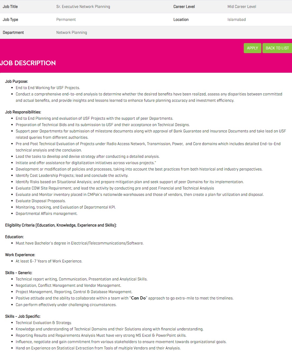 Senior Executive Network Planning Jobs 2023 in Islamabad 2024 Job