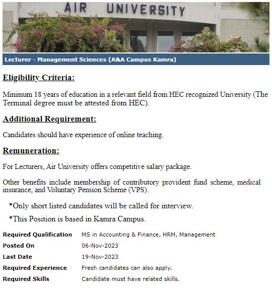 Air University Lecturer Management Sciences Jobs 2023 2024 Job