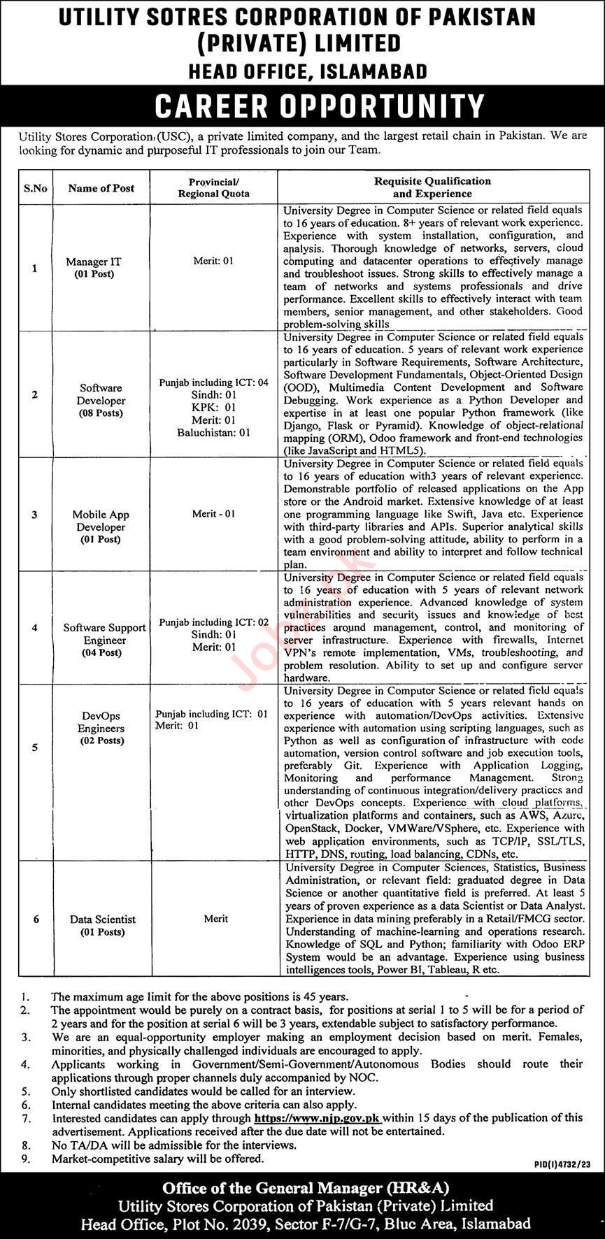 Utility Stores Corporation of Pakistan Jobs 2024 2024 Job Advertisement