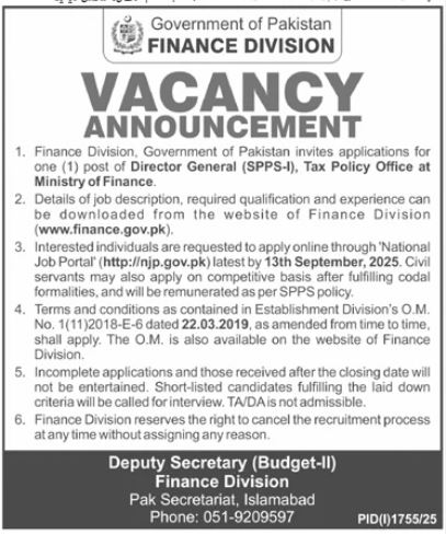 Finance Division Islamabad Jobs 2025 for Director General