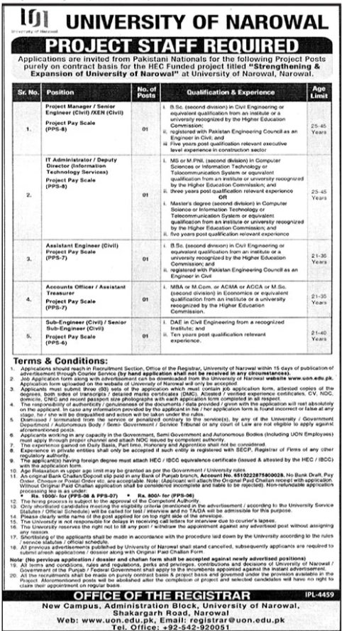 University of Narowal Jobs Announcement 2025