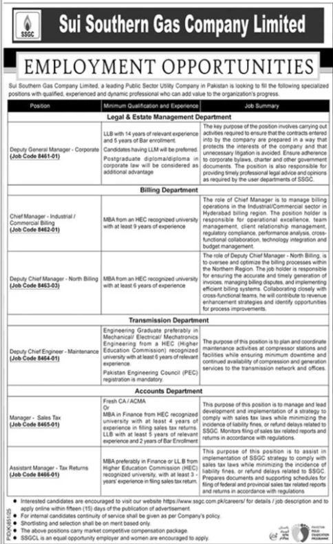 SSGC Limited Jobs 2025 for Deputy General Manager