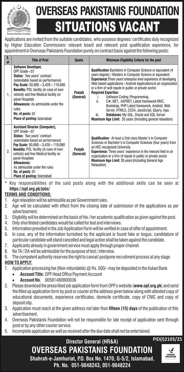 Overseas Pakistanis Foundation OPF Islamabad Jobs 2025