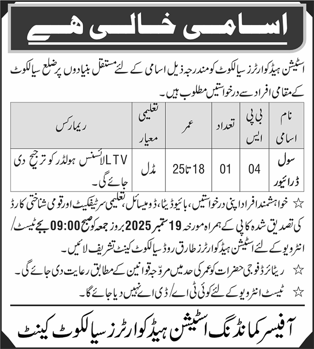 Station Headquarters Sialkot Job 2025