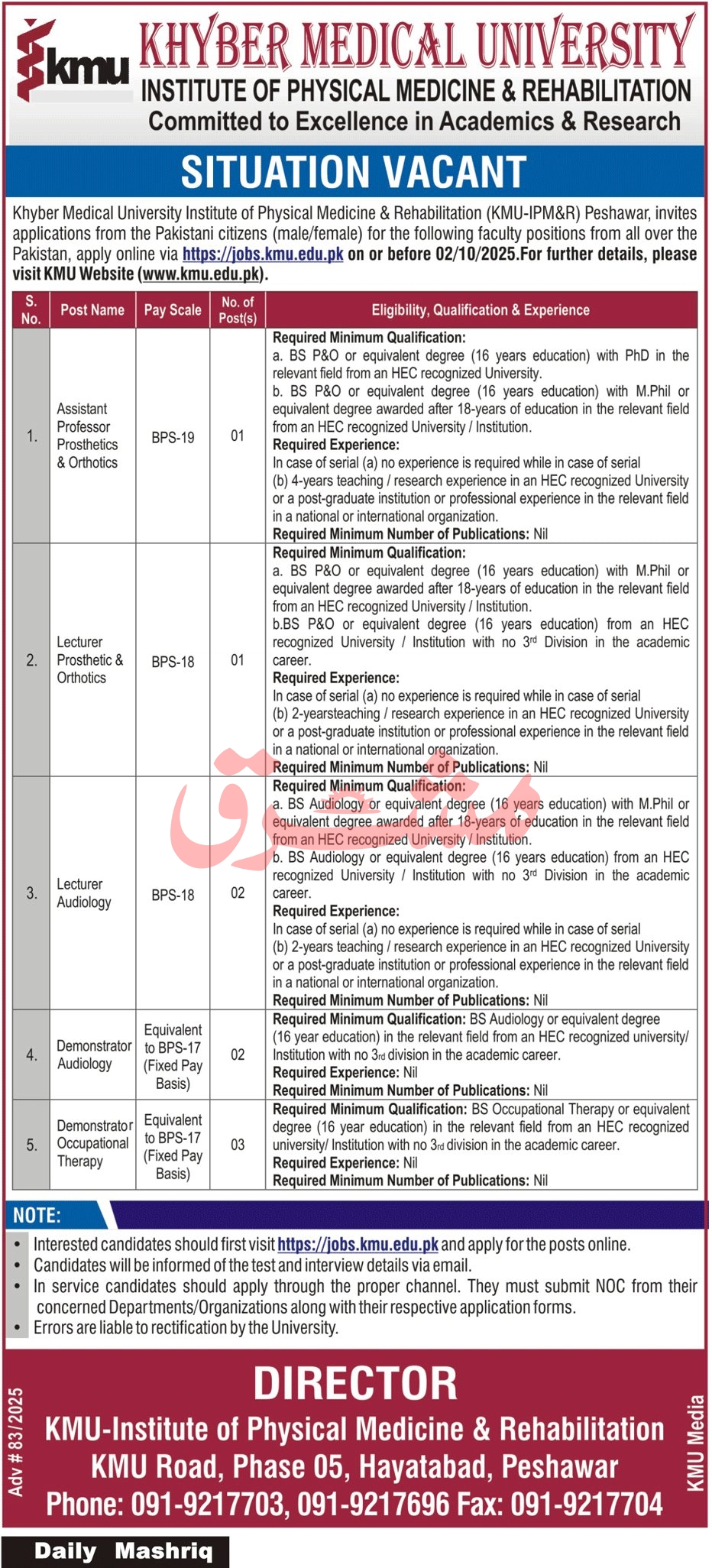 Job Positions at Khyber Medical University KMU