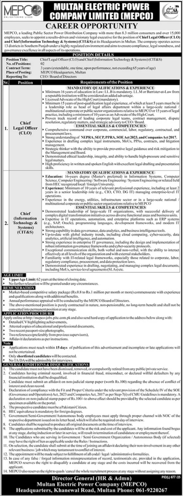 MEPCO Multan Jobs 2025 for Chief Legal Officer