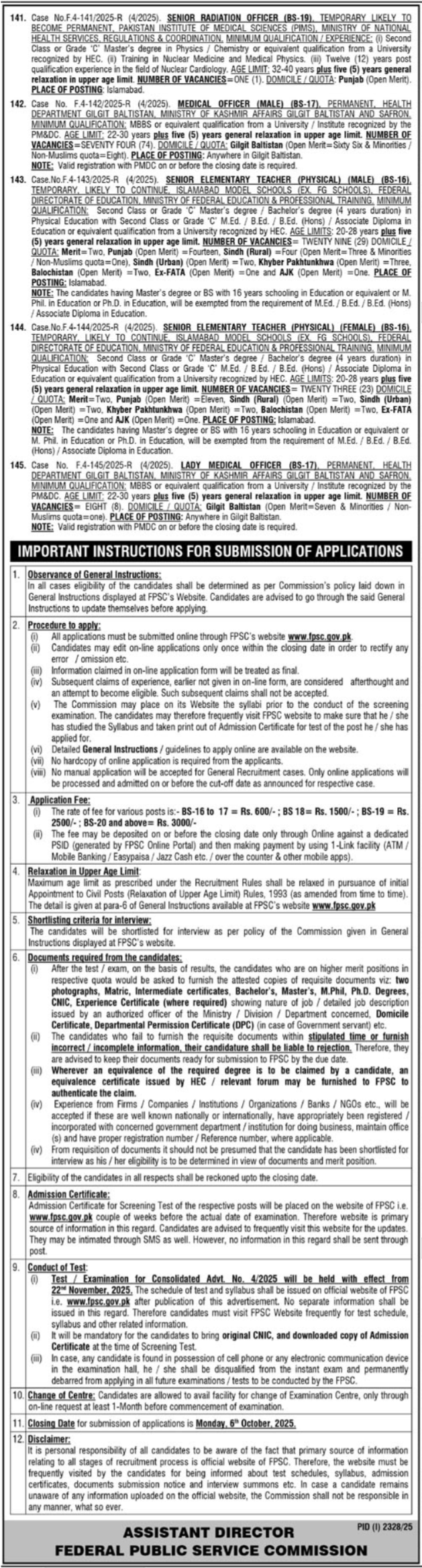 FPSC Islamabad Jobs Notice 2025