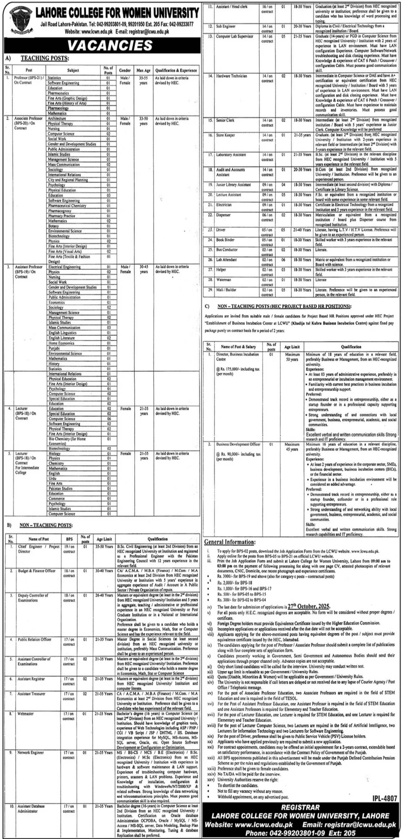 Job Vacancies at Lahore College For Women University LCWU