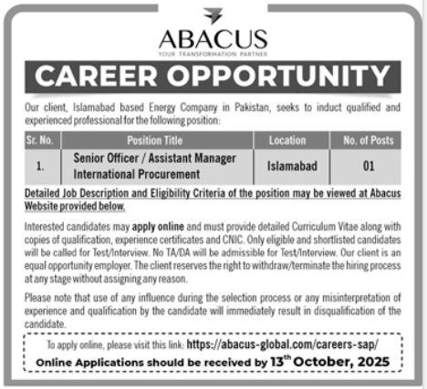Latest Abacus Global Islamabad Jobs Notice 2025