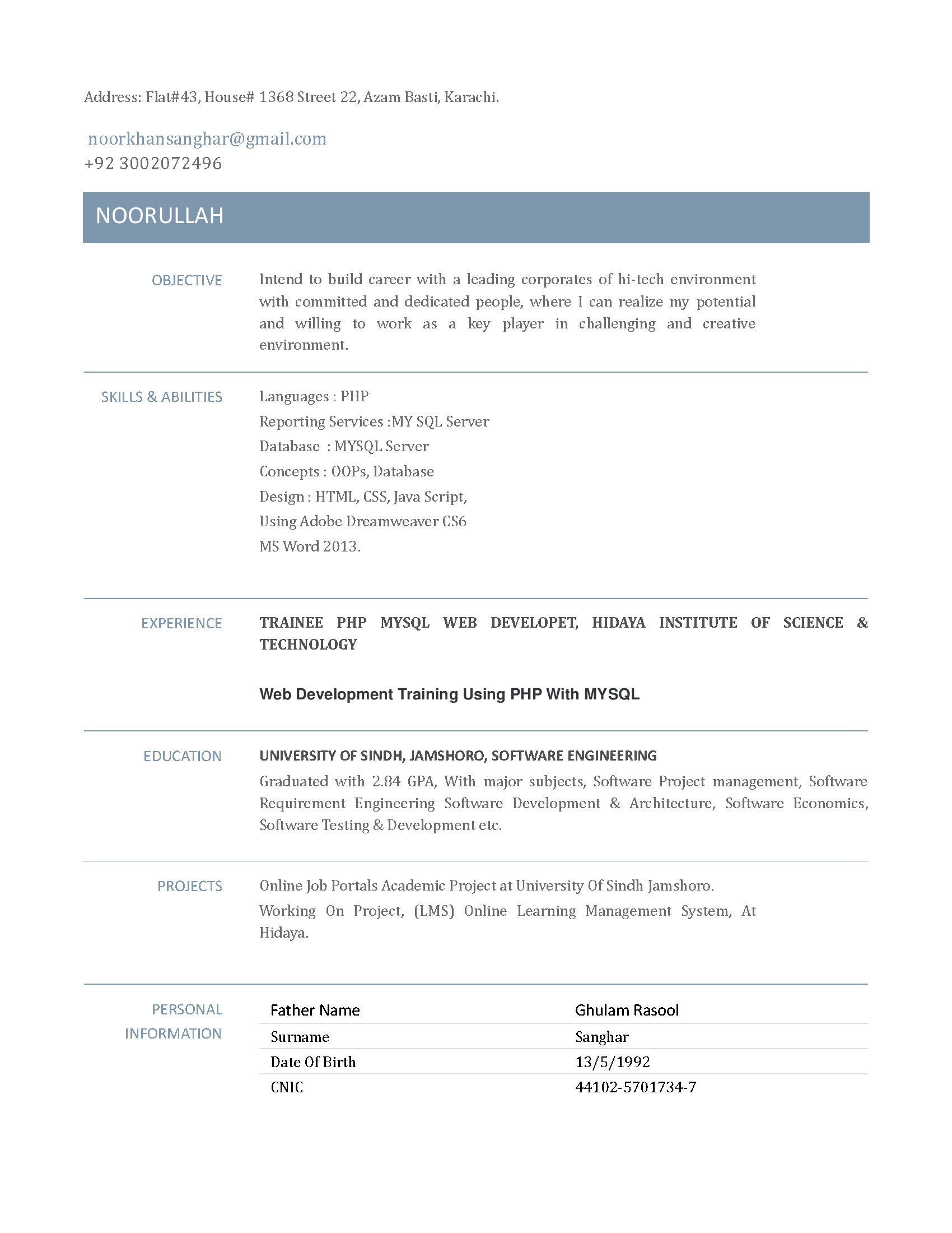 Noorullah Sanghar Profile Noorullah Sanghar Profile