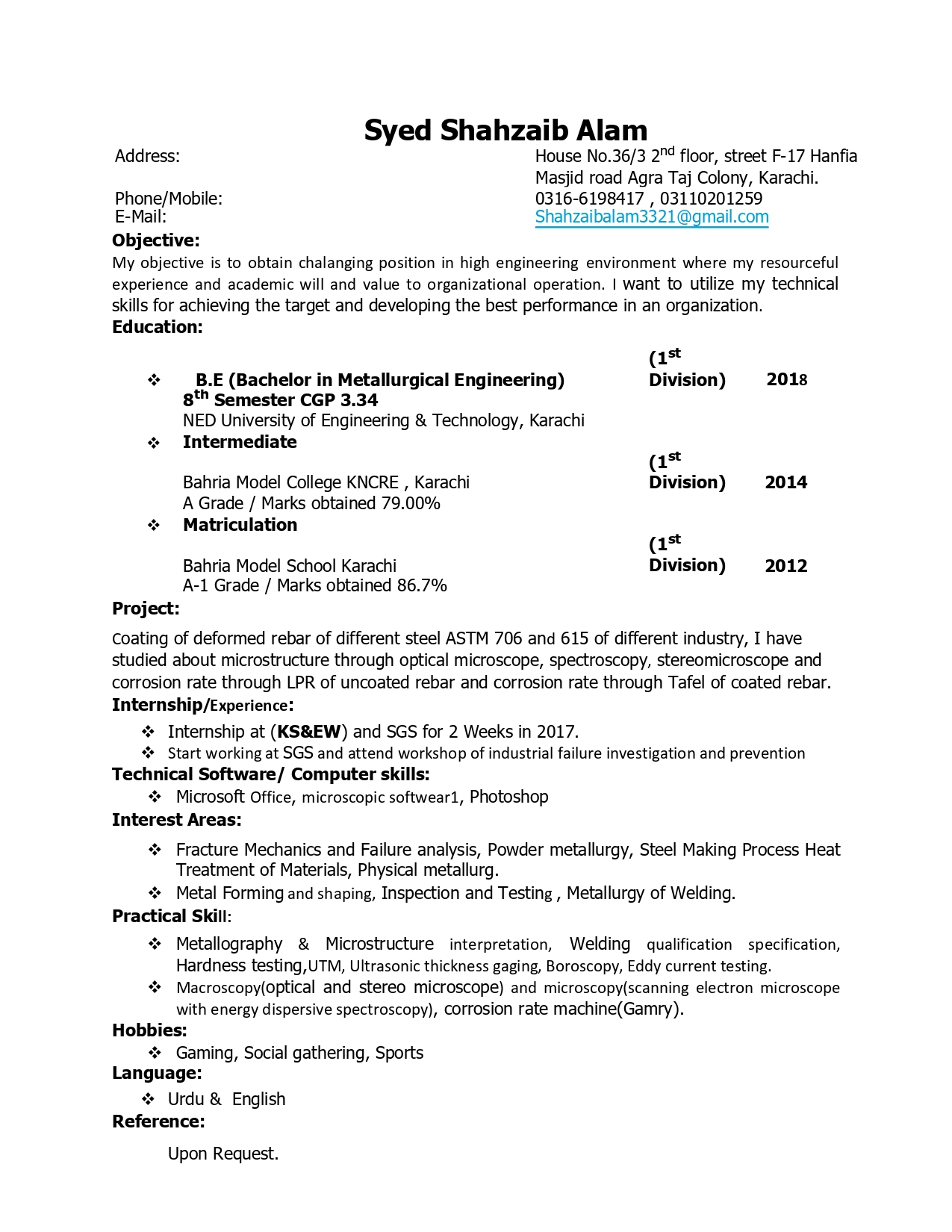 Shahzaib Alam BPO, Materials Engineering, Mining Engineering