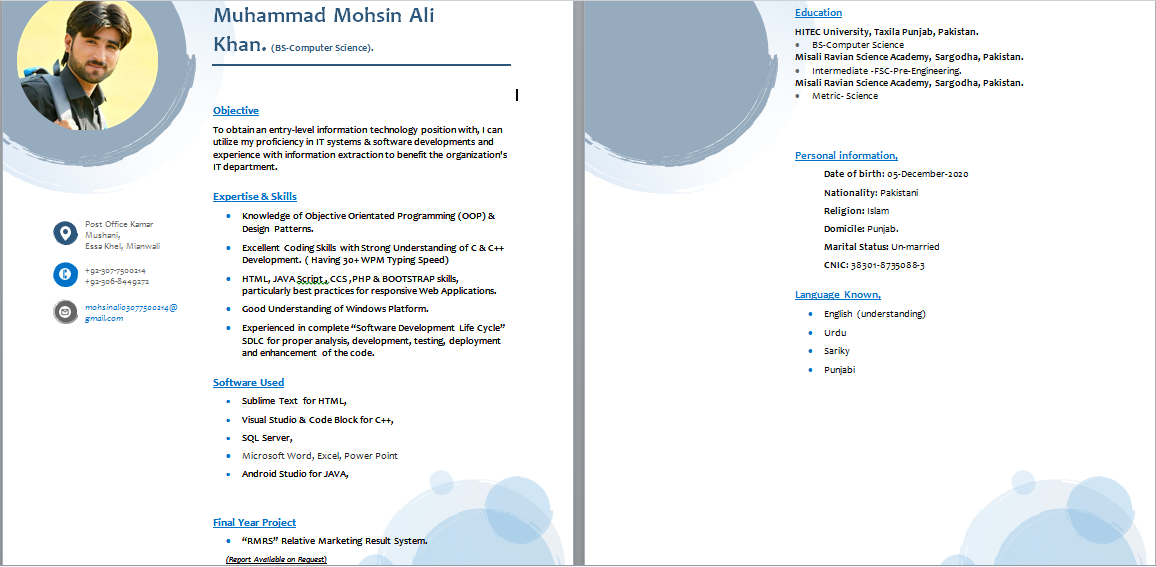 Muhammad Mohsin Ali Khan Photo Editing, Website Design, Word, Accounting, Project Management, Data Entry, Excel, Web Search