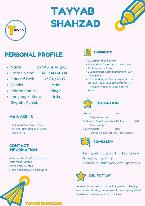 TAYYAB SHAHZAD MS Office, English Typing, Internet Research