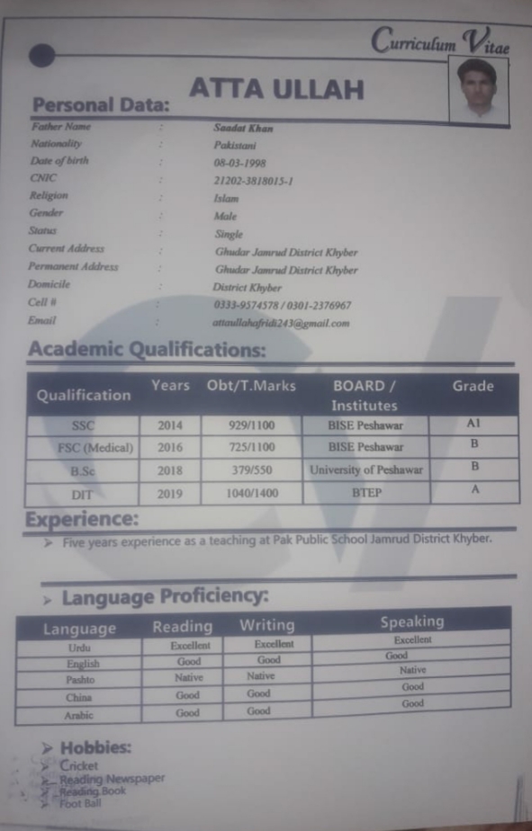 Atta Ullah Jan English Typing, Urdu Typing, Cooking, Driving