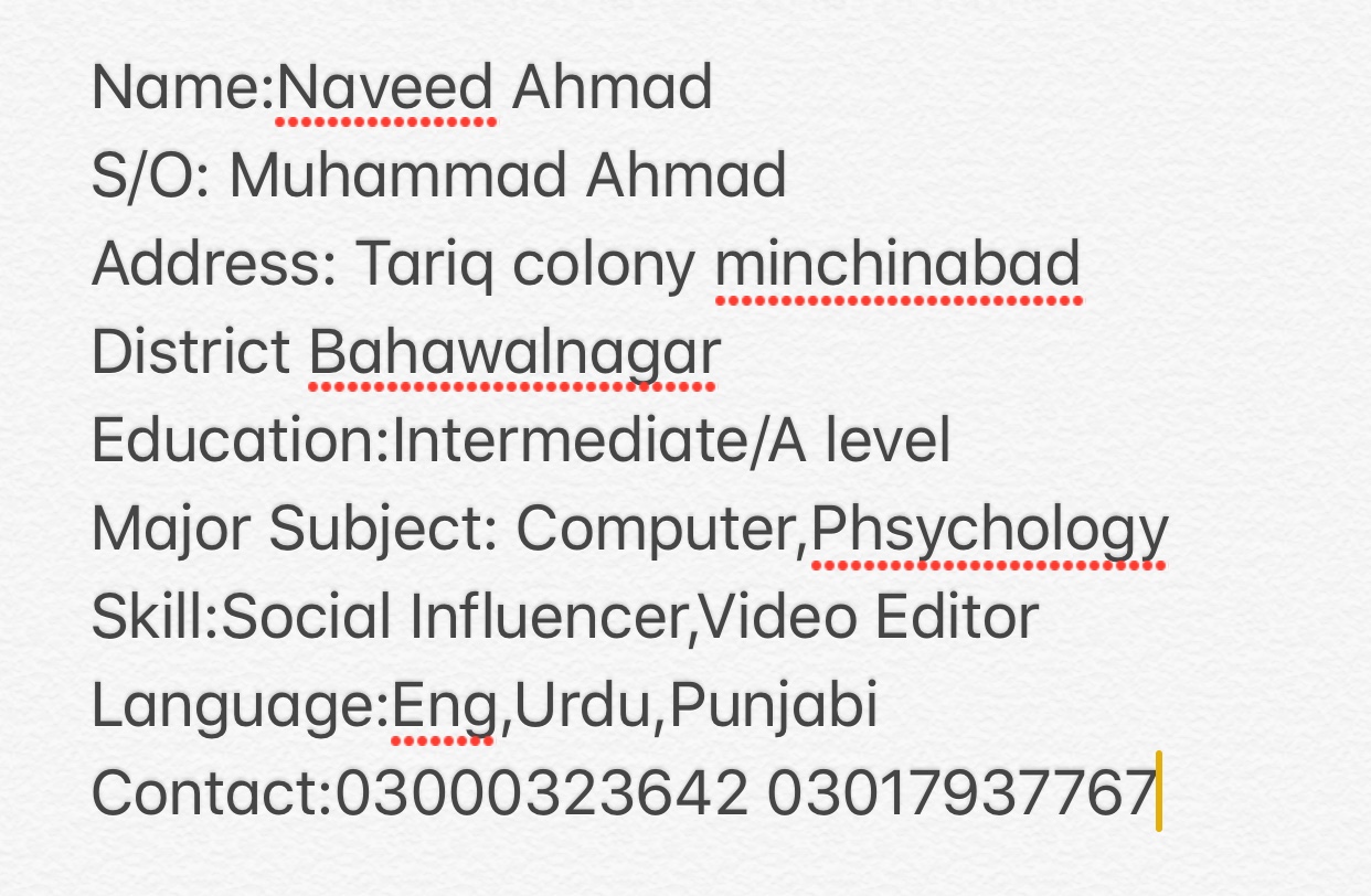 Rana Naveed English Typing, Cooking, Driving, MS Office, Logo Design, Photo Editing, Photography, Photoshop, CV Design, Video Editor