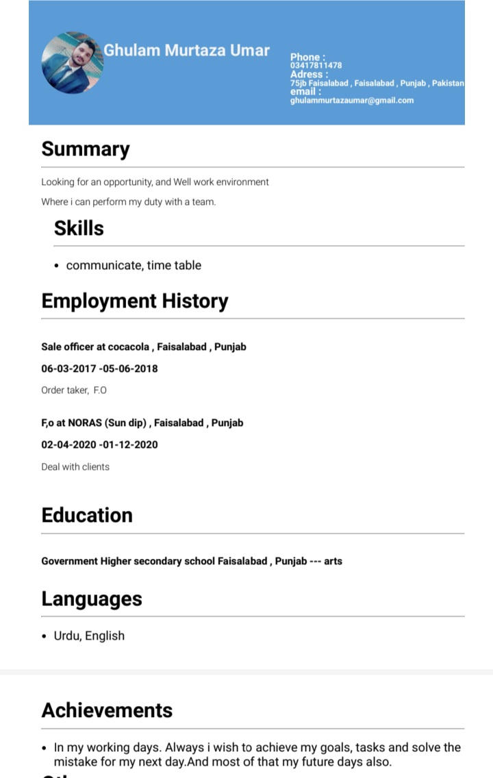 Ghulam Murtaza Umar Cooking, Public Speaking, Microsoft Word, Time Management