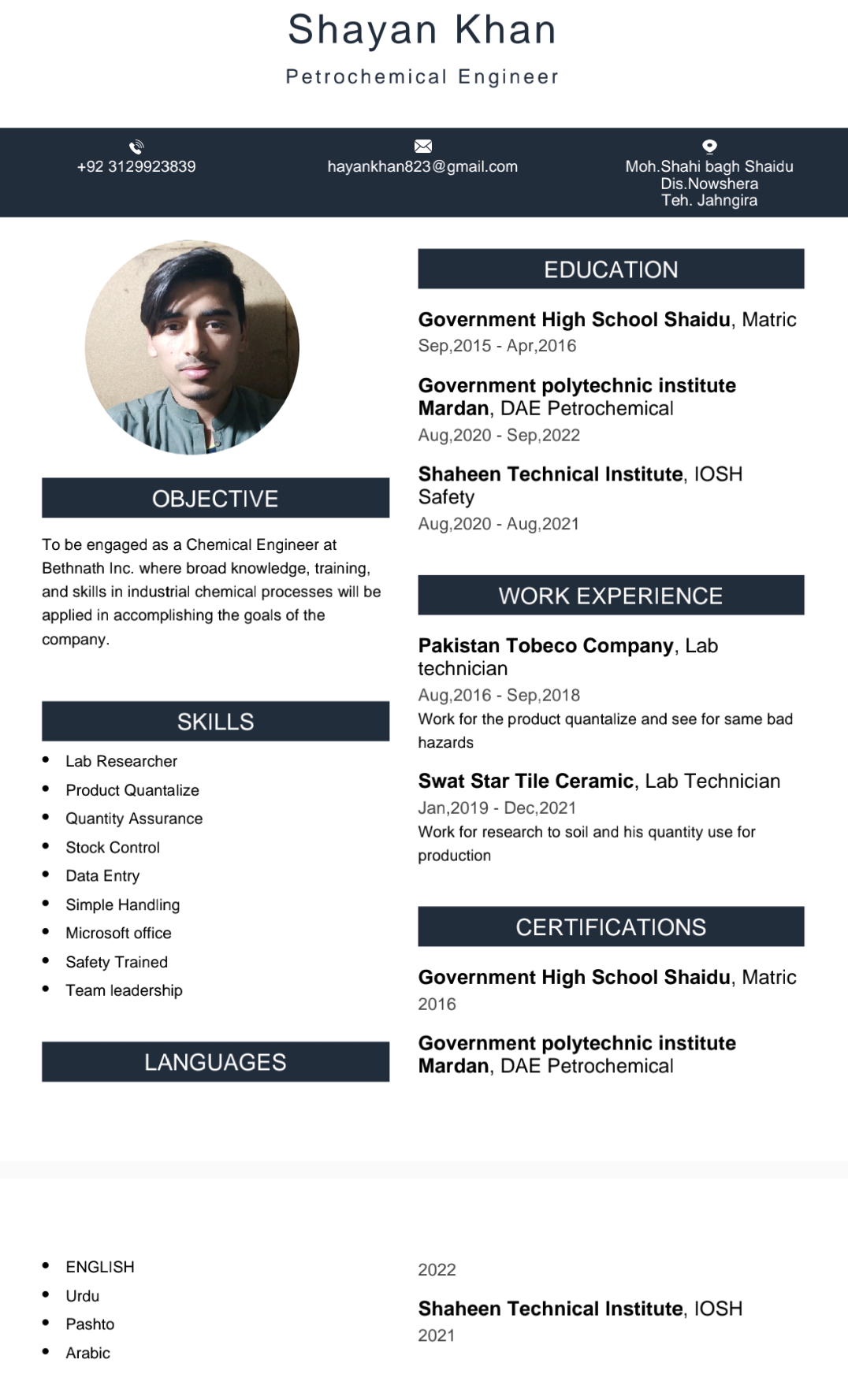 Shayan Khan English Typing, MS Office, Photoshop, Video Broadcasting, Data Entry, Chemical Engineering, LabVIEW